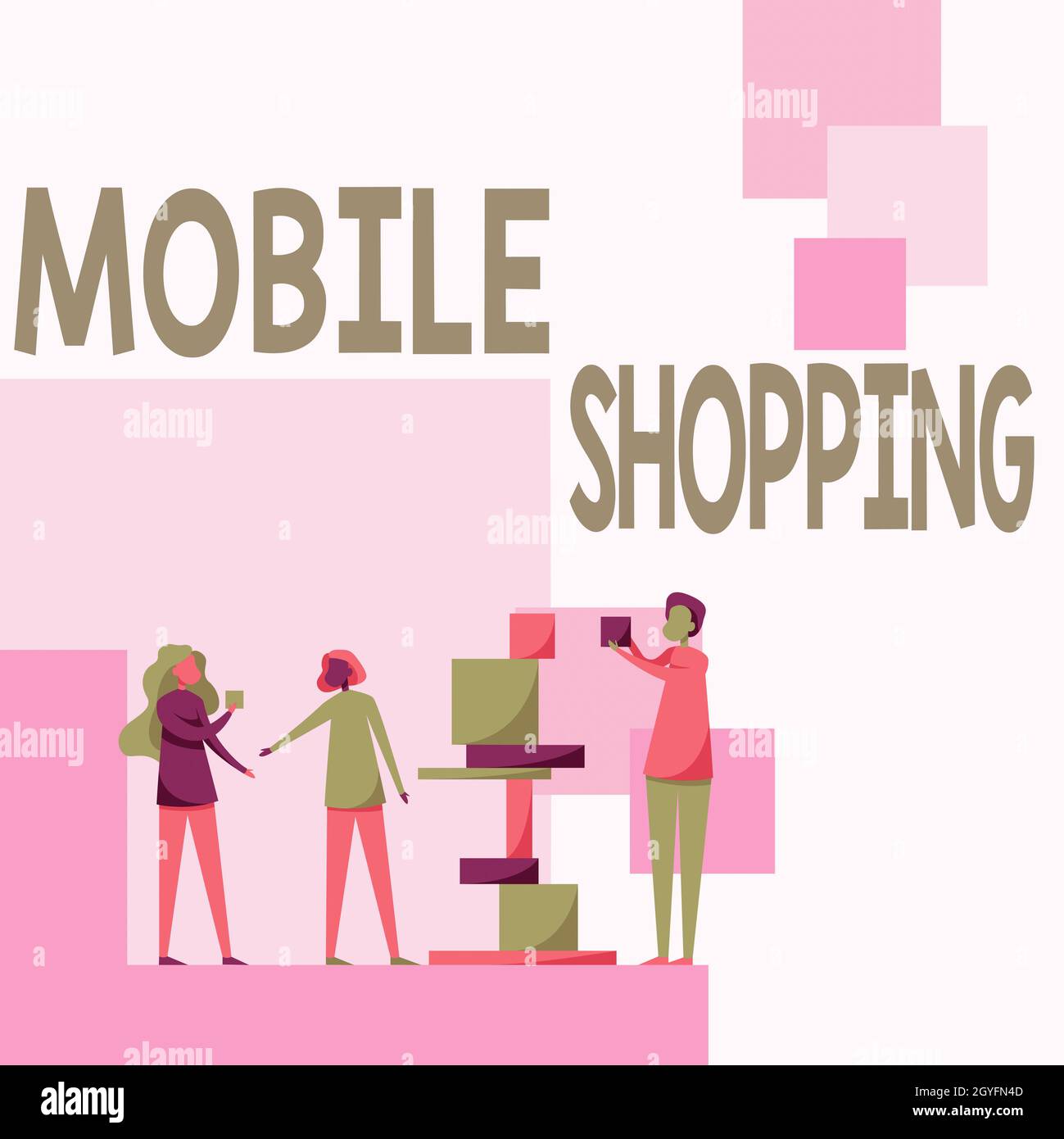 Firma di scrittura a mano Mobile Shopping, Word per il commercio di beni e servizi tramite dispositivi wireless tre colleghi in piedi aiutandosi l'un l'altro con B Foto Stock