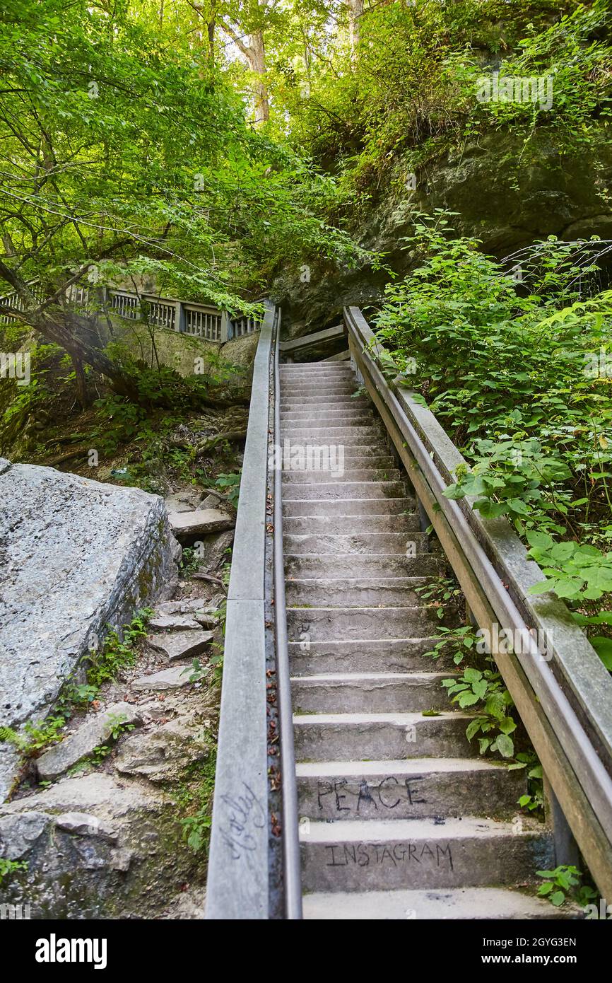 Peace e Instagram scalinata in pietra che salendo in un verde sentiero forestale Foto Stock