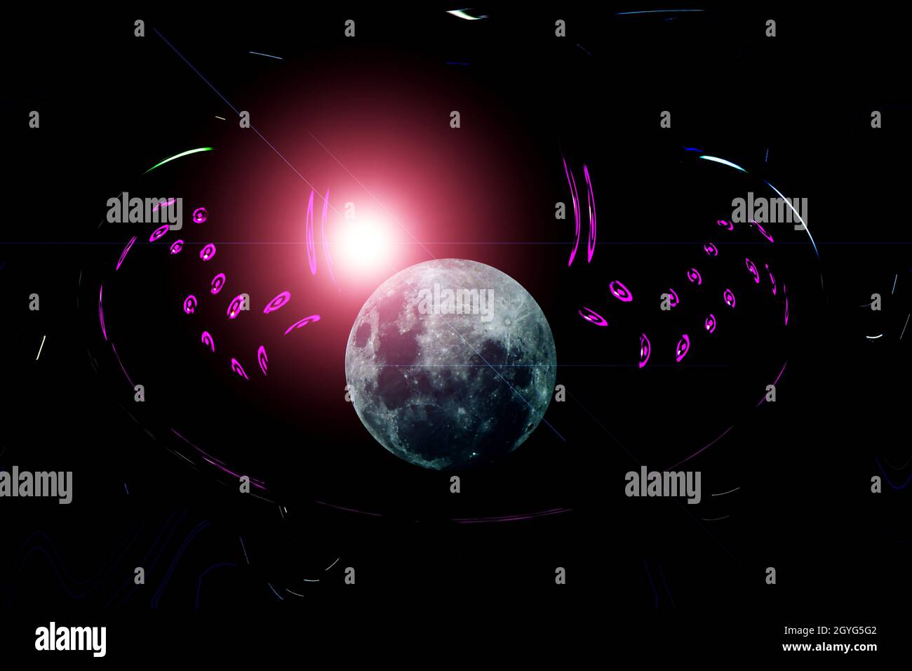 ABBIAMO PORTATO LE STELLE: PROVA DELLE ARMI - l'intercettore protonico della galassia prova un'arma di nuova concezione in grado di distruggere interi pianeti. Foto Stock