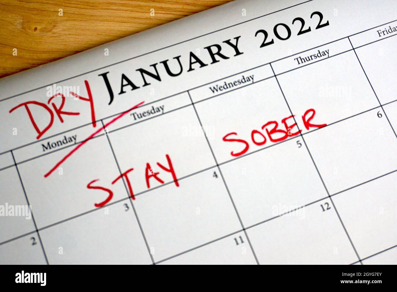Promemoria calendario per Dry Gennaio - un mese di sobrietà per iniziare il nuovo anno. Foto Stock