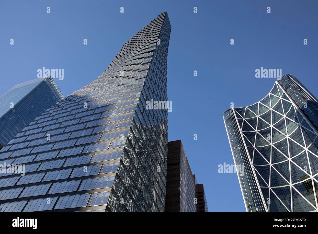 Edificio Telus Sky e grattacieli Bow Tower con cielo blu chiaro nel centro di Calgary, Alberta, Canada Foto Stock