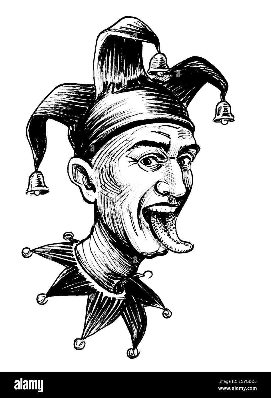 Ridendo il jester con la lingua fuori. Disegno in bianco e nero con inchiostro Foto Stock