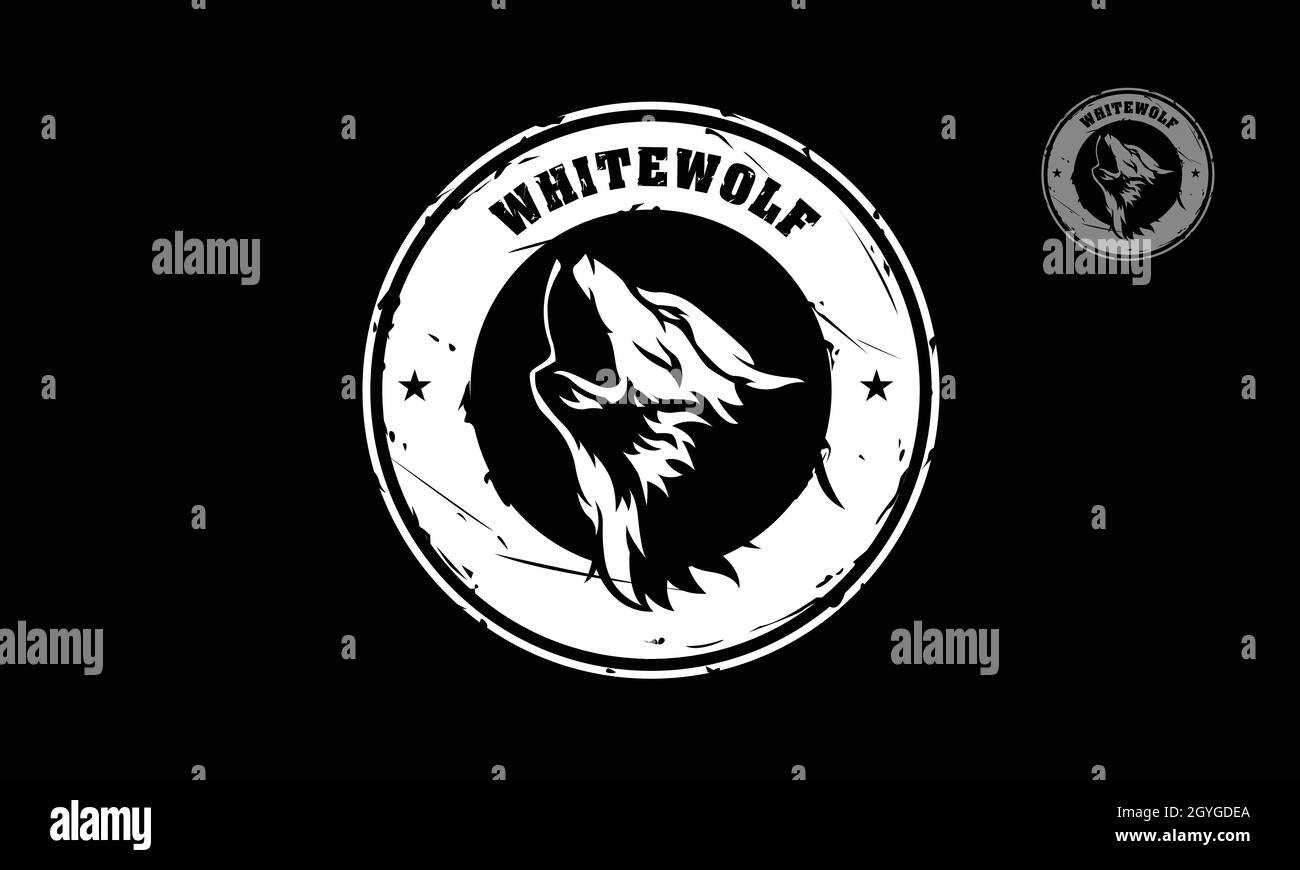 Illustrazione del logo Wolf Vector bianco. Silhouette di lupo su sfondo nero. Illustrazione Vettoriale