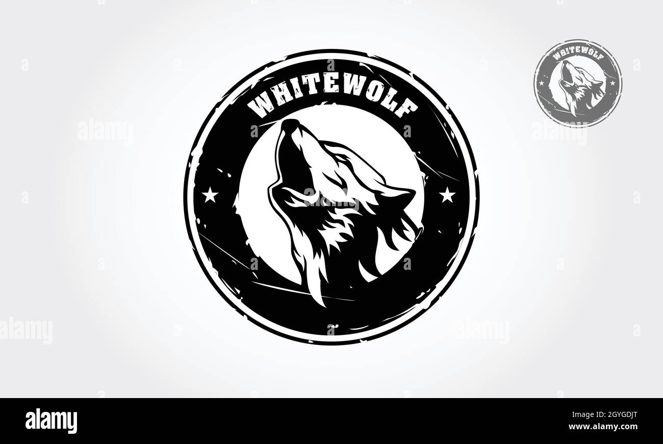 Illustrazione del logo Wolf Vector bianco. Silhouette di lupo su sfondo bianco Illustrazione Vettoriale