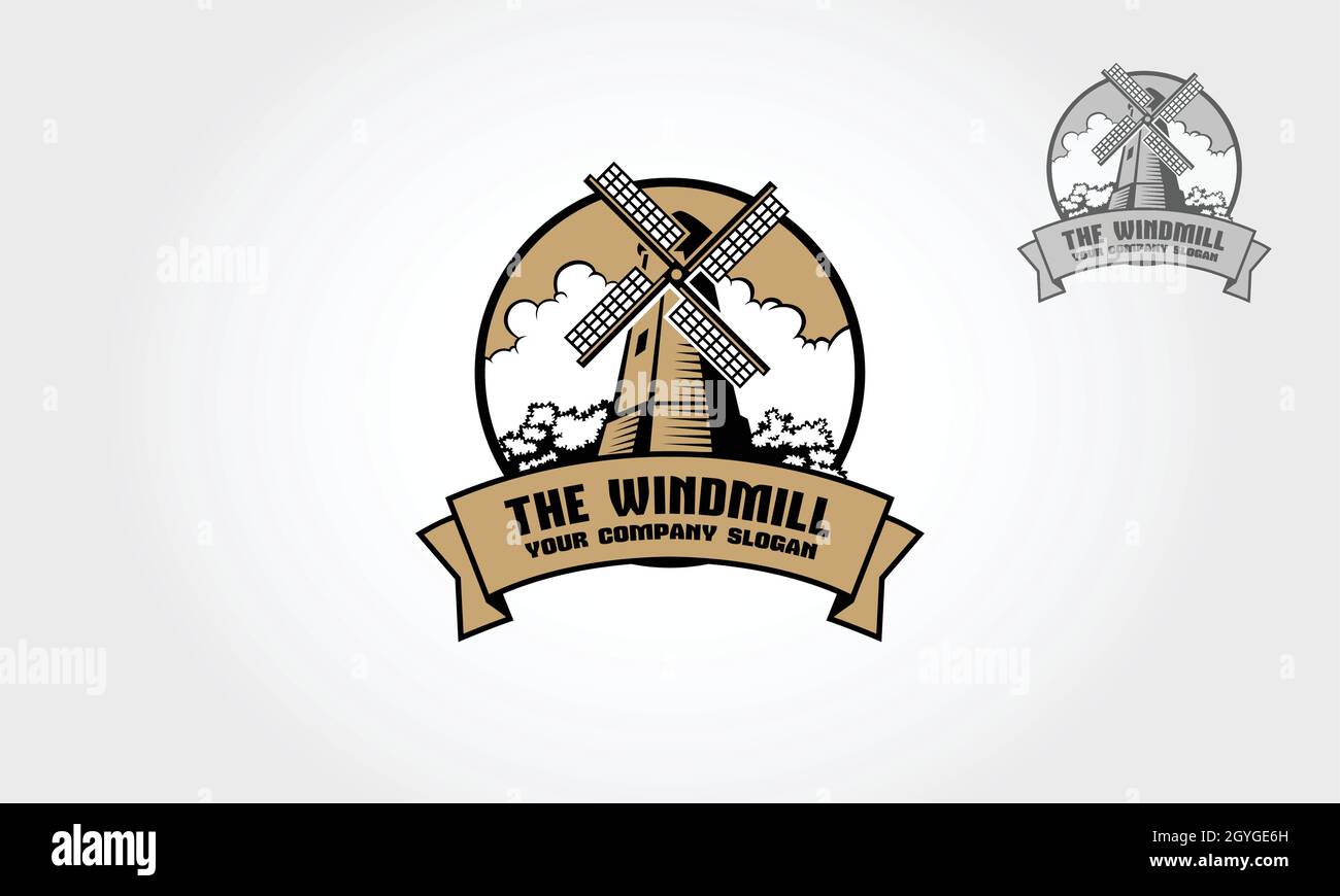 Il logo Windmill è un modello di logo professionale adatto a qualsiasi attività relativa all'energia, alle turbine, alla tecnologia, all'innovazione, ecc. Illustrazione Vettoriale