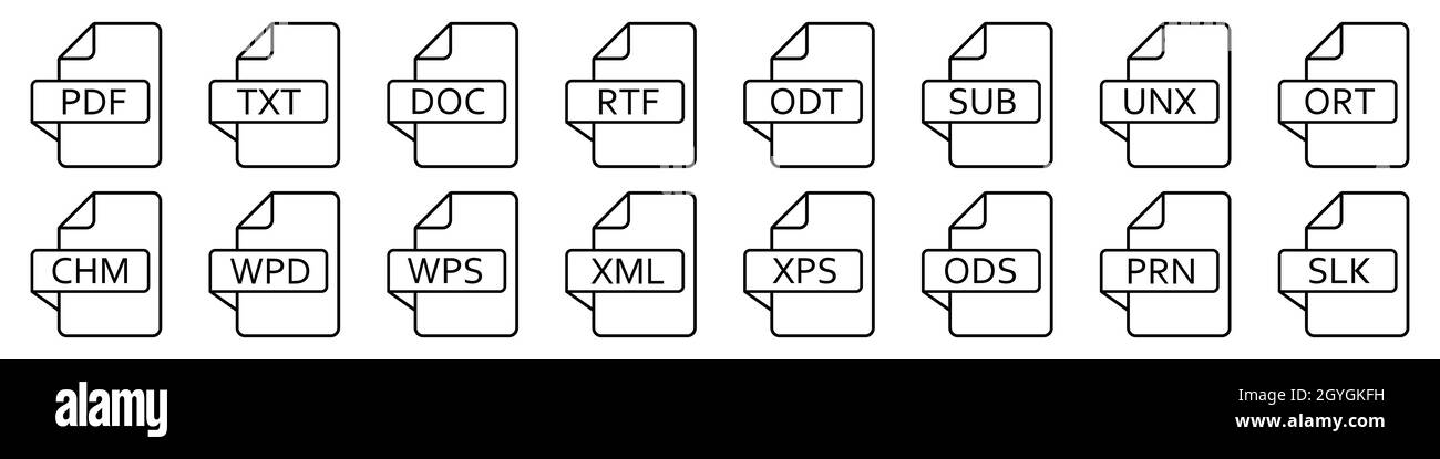 Icona formati file di testo. Set di icone di linea di documenti di testo diversi. Documenti di file di testo. Illustrazione vettoriale. Illustrazione Vettoriale