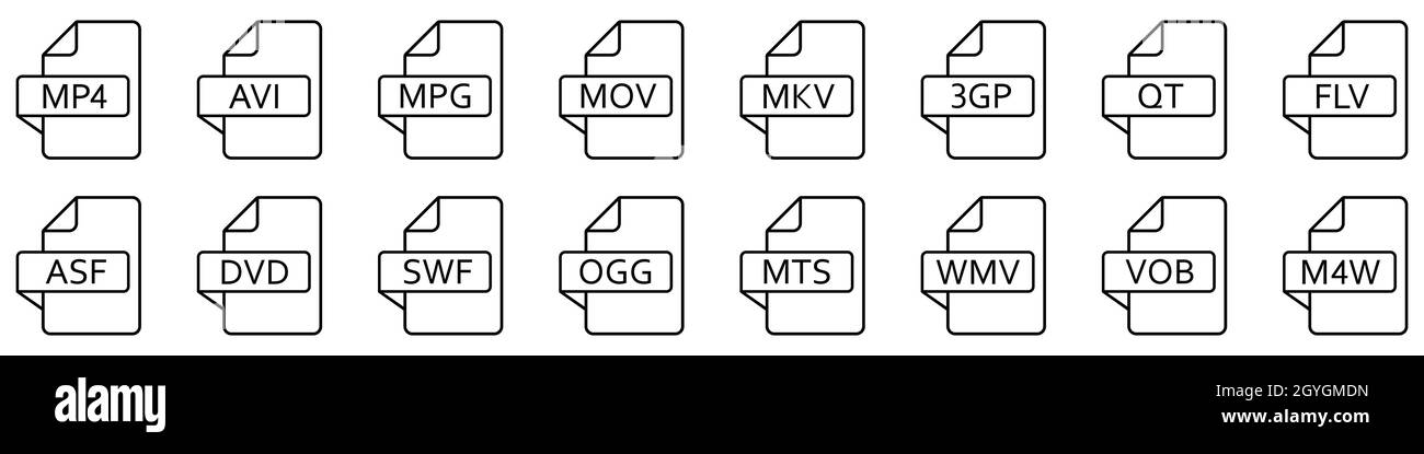 Formati di file video. Set di icone lineari di diversi formati video. Icone dei file video. Illustrazione vettoriale. Illustrazione Vettoriale