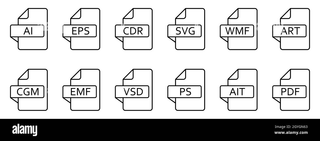 Formati di file vettoriali. File di vari formati vettoriali. Serie di icone lineari. Illustrazione vettoriale. Illustrazione Vettoriale