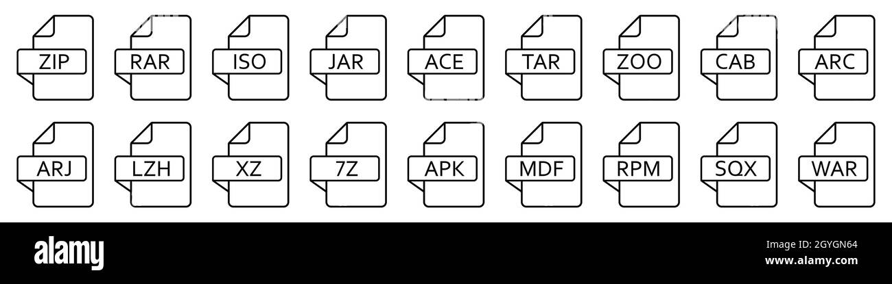 Icona file archivio. Formati diversi di file di archivio. Serie di icone lineari. Illustrazione vettoriale. Illustrazione Vettoriale