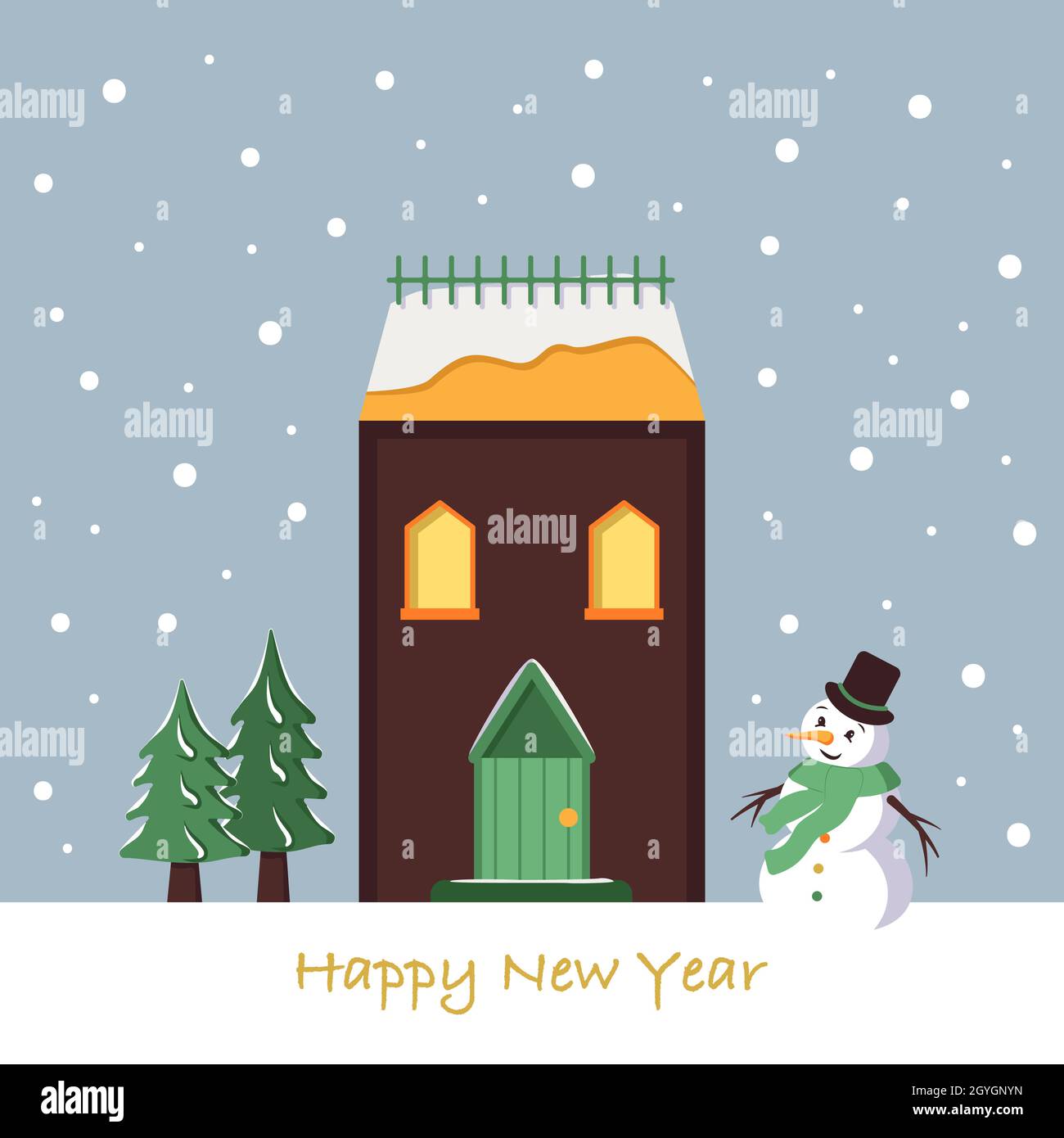 Casa di neve sul biglietto di Natale. Paesaggio invernale con fiocchi di neve, alberi di neve e abete su sfondo blu. Buon anno biglietto di auguri Illustrazione Vettoriale