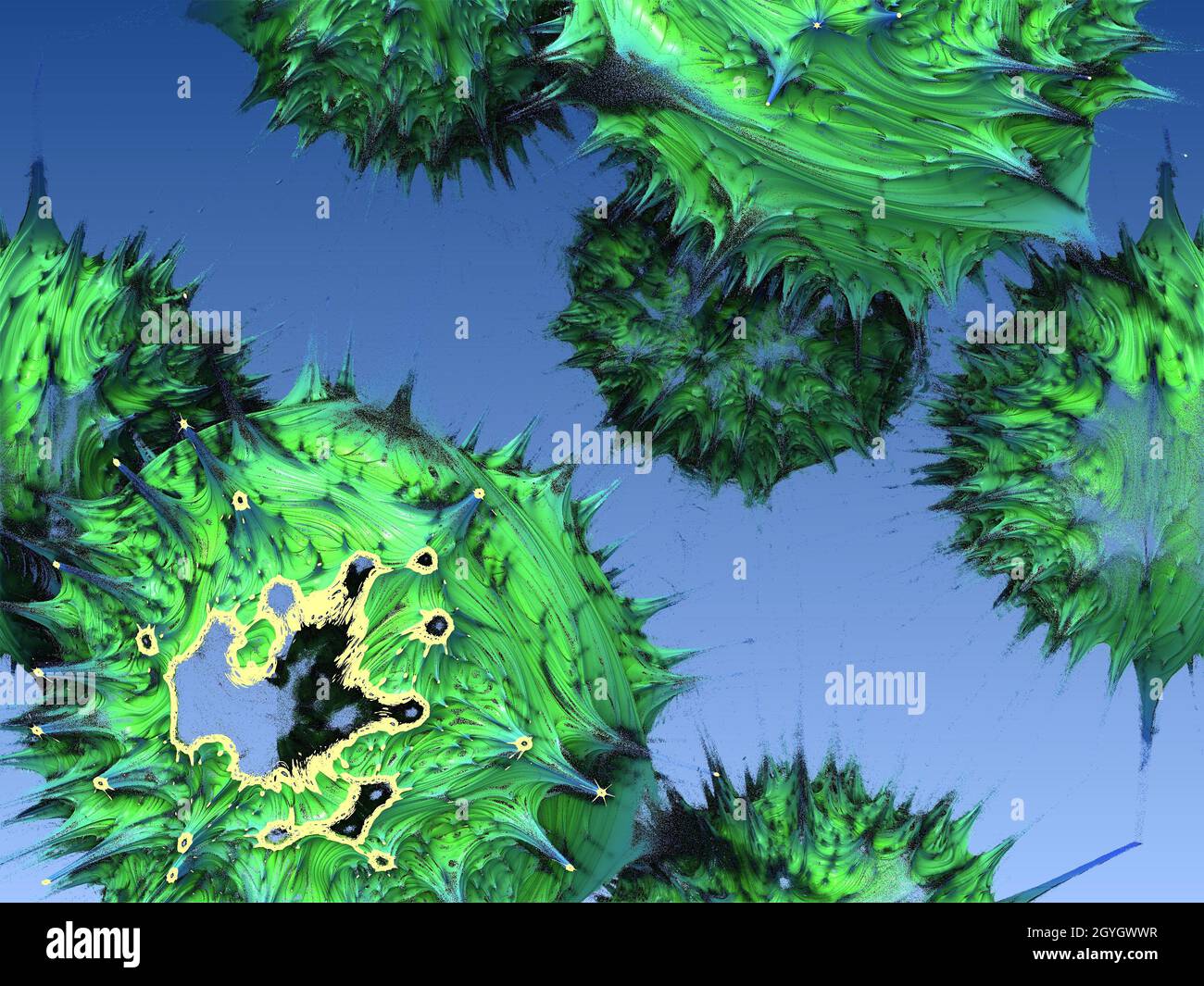 Cellule virali astratte di colore verde su sfondo blu, illustrazione 3d. Foto Stock