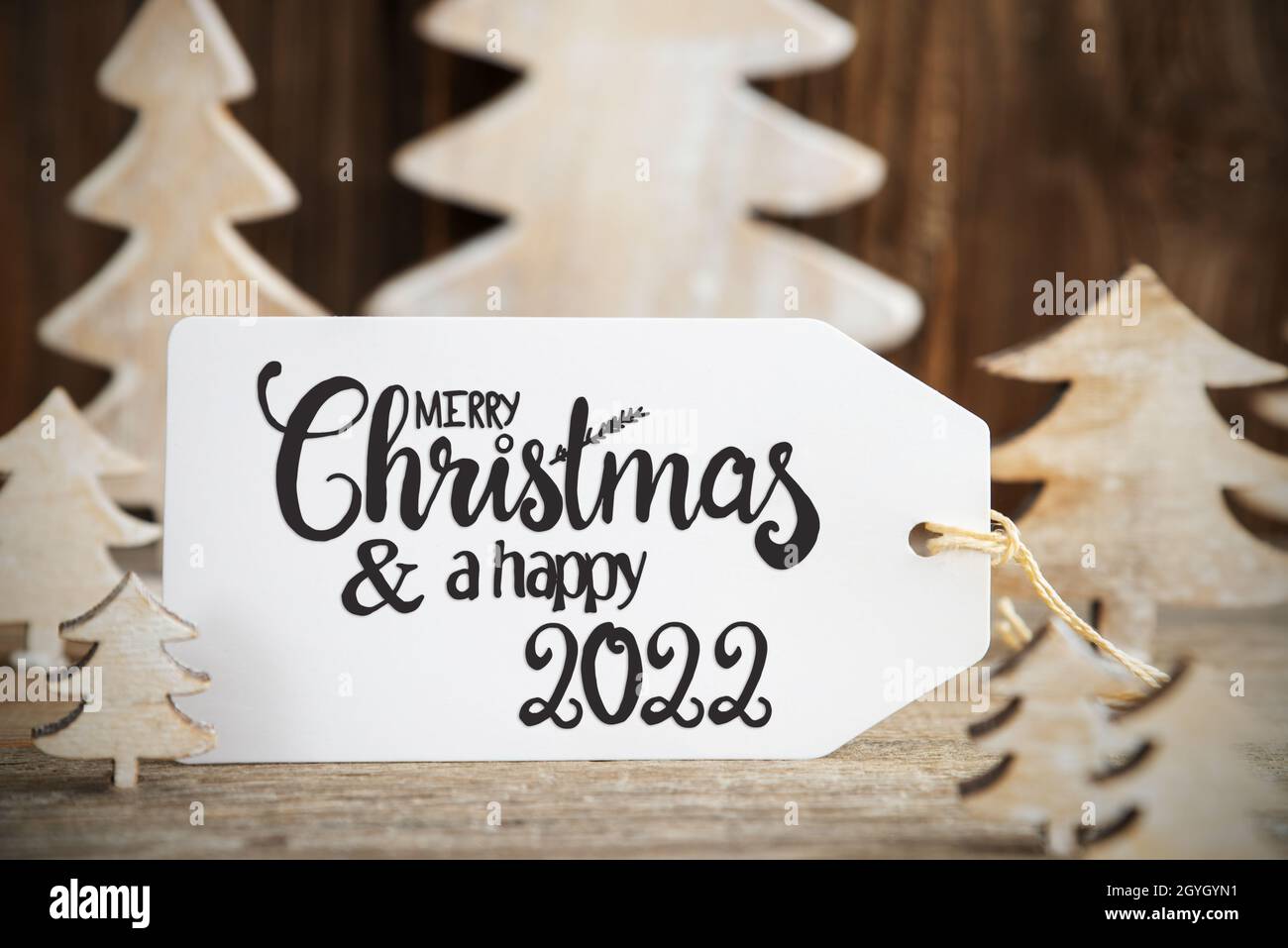 Albero di Natale, etichetta con testo inglese buon Natale e felice 2022 Foto Stock