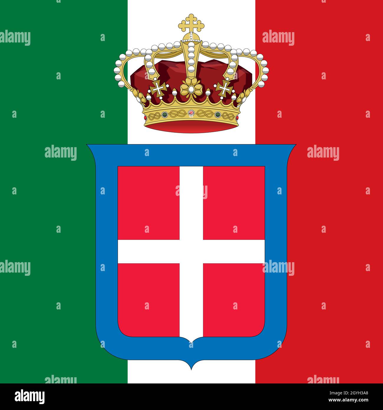 Regno d'Italia stemma storico sulla bandiera tricolore, illustrazione vettoriale Illustrazione Vettoriale