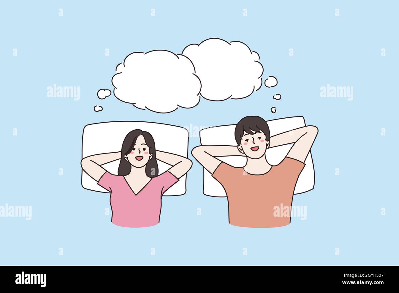 Coppia felice sdraiata sul letto sognando insieme, spazio vuoto copia. Sorridente uomo sognante e donna sposi relax riposo hanno sogni di sonno pisolino in camera da letto. Concetto di piano futuro. Illustrazione vettoriale piatta. Illustrazione Vettoriale