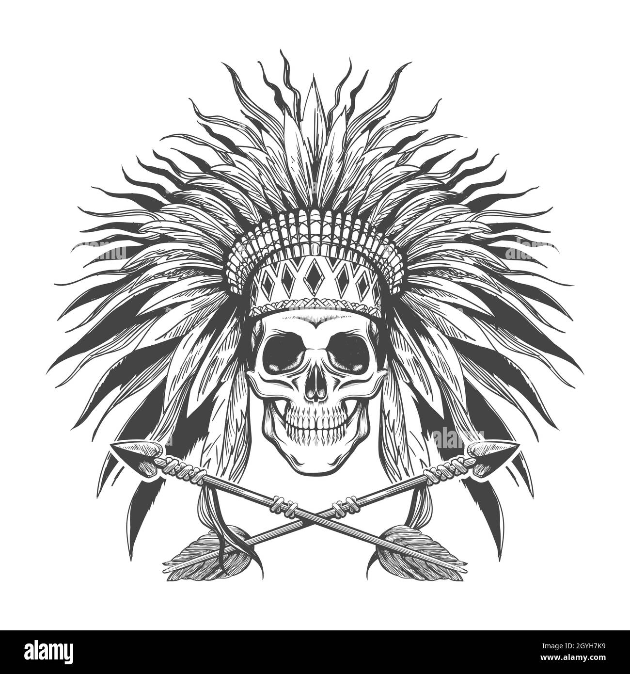 Cranio umano con cofano da guerra nativo americano e tatuaggio a due frecce incrociate. Illustrazione vettoriale. Illustrazione Vettoriale