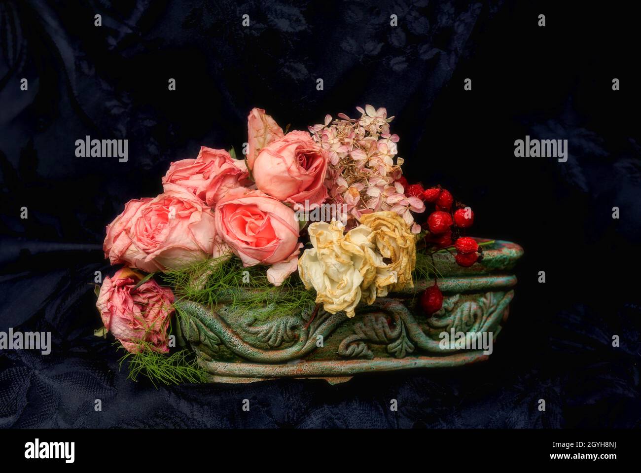 Rose bianche e rosa sbiadite e frutti di bosco di rose con sfondo nero Foto Stock