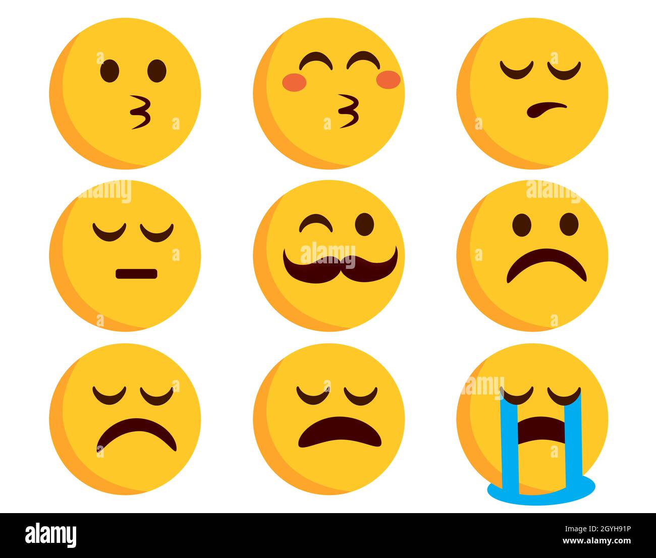 Set di vettori emoticon piatti Smileys. Emoticon sorridere personaggi in bissing, pianto e triste umore espressioni isolate in bianco sfondo per emoji. Illustrazione Vettoriale
