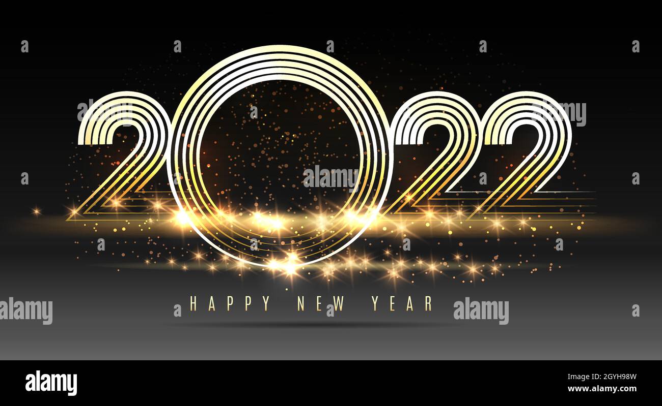 Felice anno nuovo 2022 numeri scintillanti dorati su sfondo scuro. Design del biglietto di auguri natalizio con effetto luminoso. Illustrazione vettoriale. Illustrazione Vettoriale