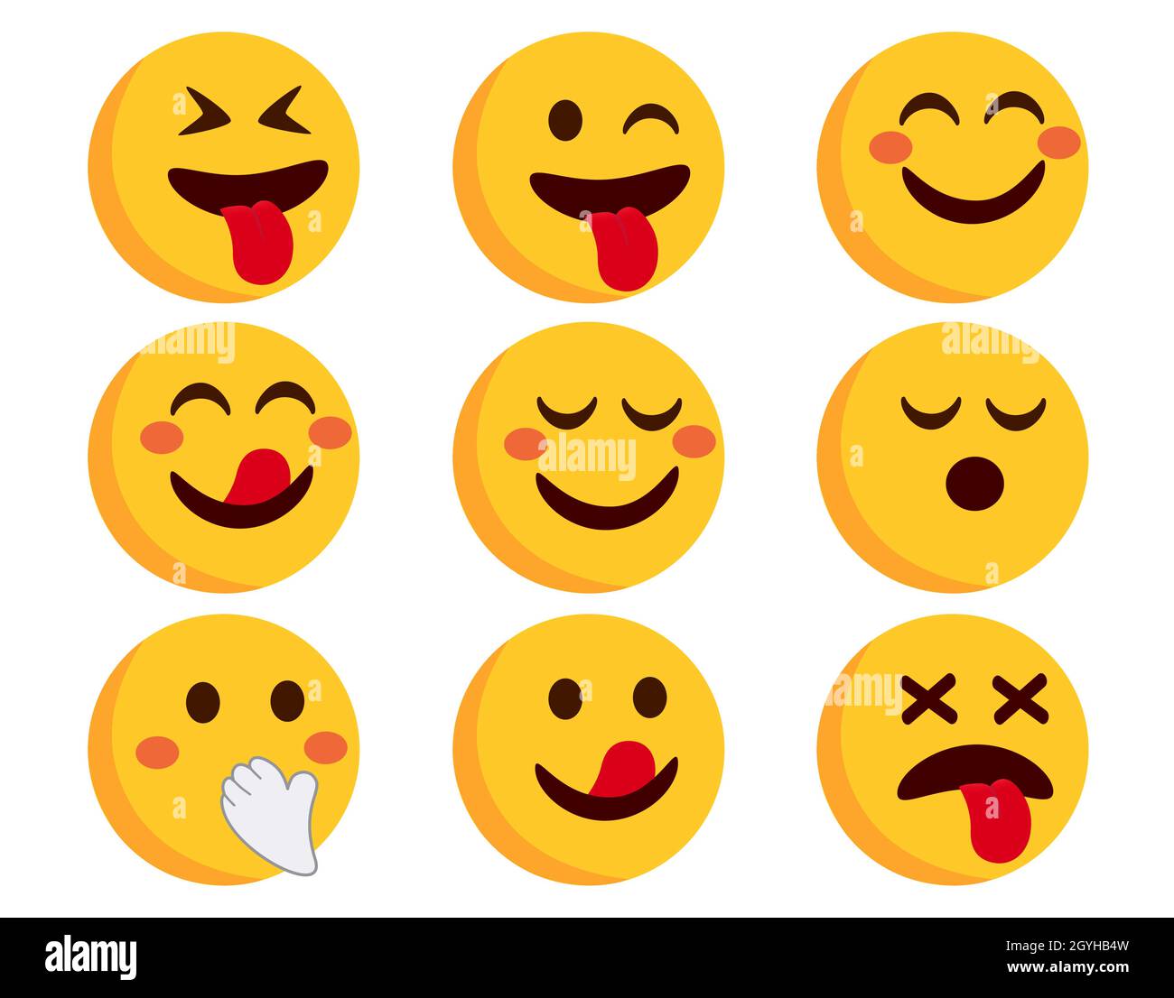 Set di vettori emoticon. Personaggi piatti Smileys in arrossamento, pazzo e felice emoticon vista laterale reazione viso isolato su sfondo bianco. Illustrazione Vettoriale