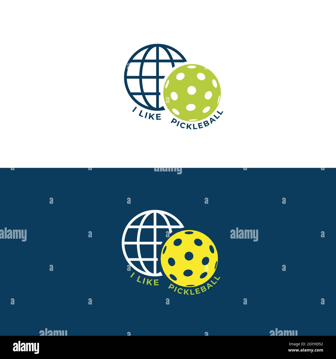 Illustrazione vettoriale del logo Pickleball. Pallina di Pickleball e emblema sportivo con simbolo del globo. Illustrazione Vettoriale