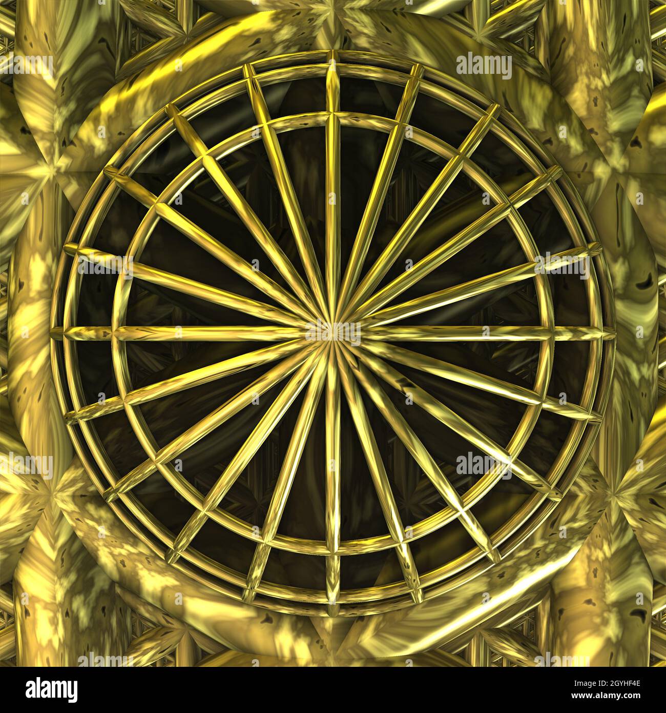 Sfondo per una copertina elegante o una composizione moderna in colori dorati. Forma della ruota in ferro. Imitazione orologio Foto Stock