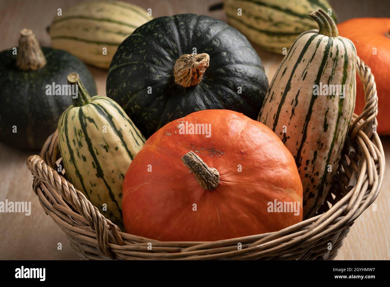 Varietà di zucche diverse in autunno in un cestino da vicino Foto Stock