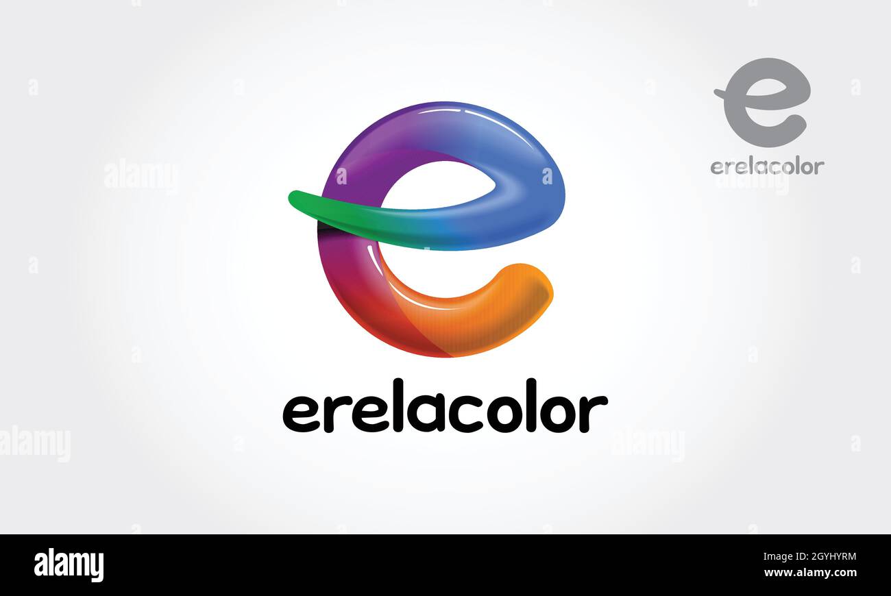 Modello di logo vettoriale a colori Erela. Illustrazione vettoriale della forma del logo arcobaleno 3D e lettera lucida rotonda. Illustrazione Vettoriale