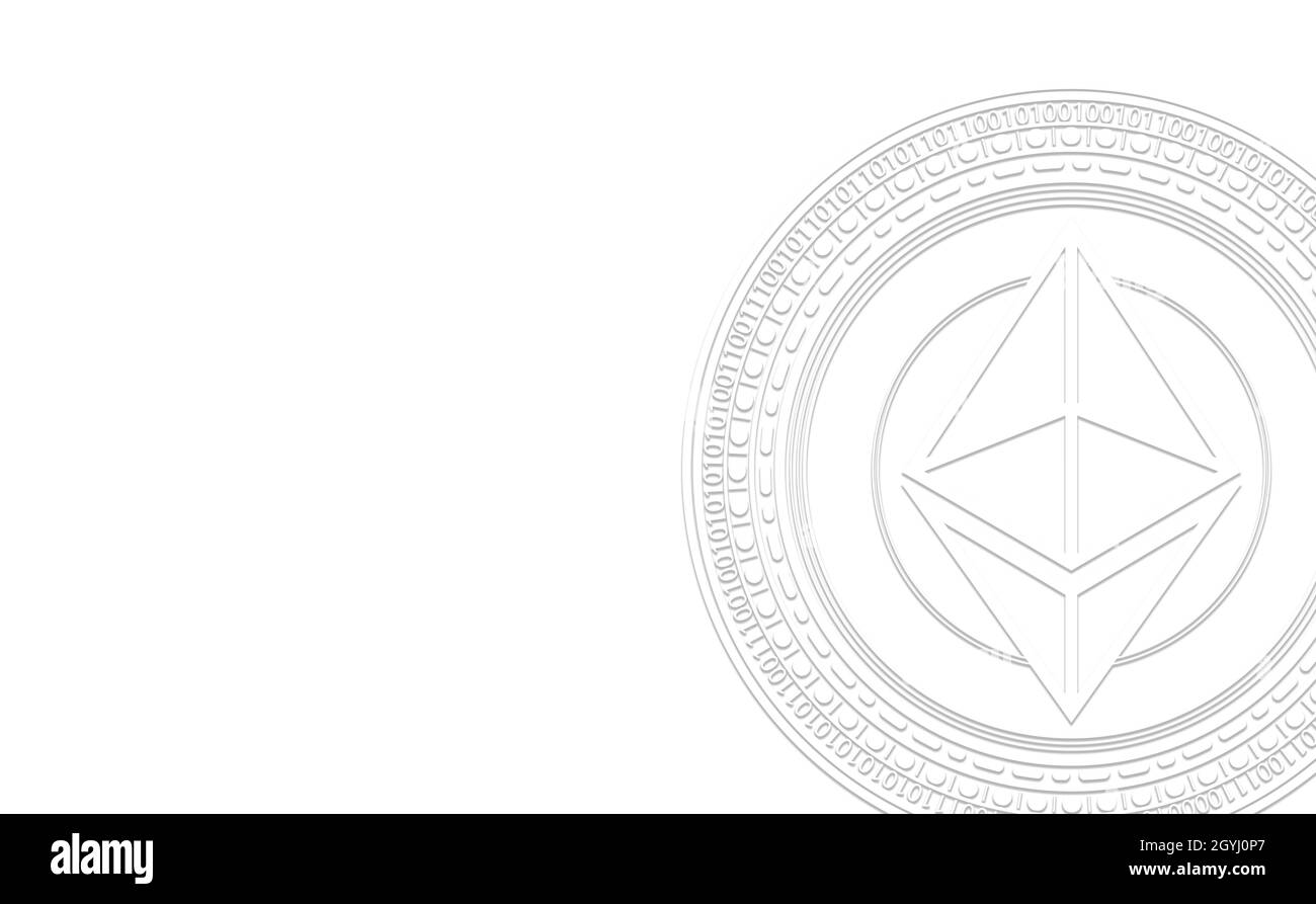 Logo Ethereum (ETH) bianco. Simbolo di valuta virtuale digitale crittografica su sfondo bianco. Concetto di investimento Foto Stock