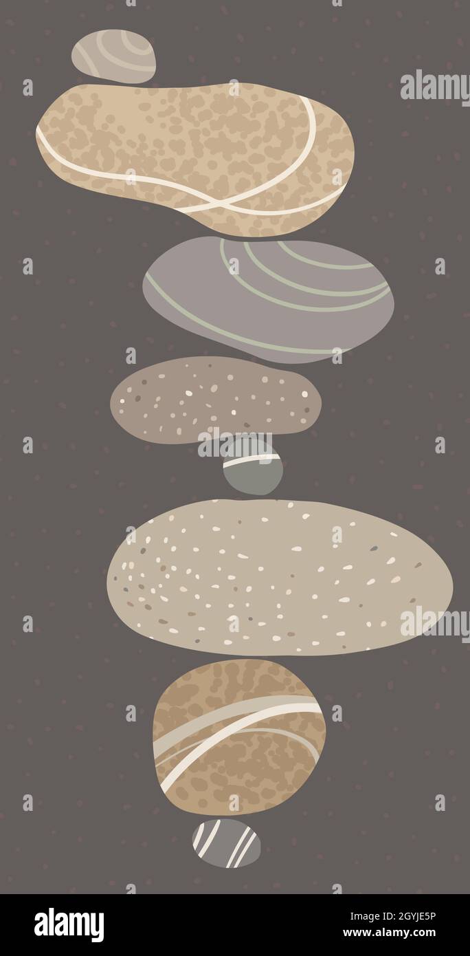 Piramide di bilanciamento di pietre chiare su sfondo scuro su sfondo scuro pietra zen. Illustrazione grafica vettoriale minimalista Illustrazione Vettoriale