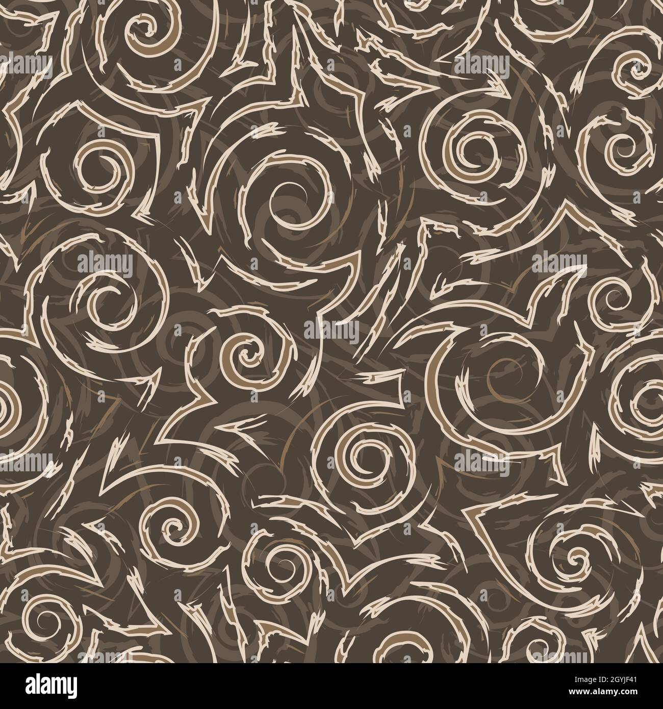 Modello senza giunture vettoriale di stock di spirali e forme astratte in colori beige. Motivo senza giunture vettoriale in colori marrone pastello. Illustrazione Vettoriale