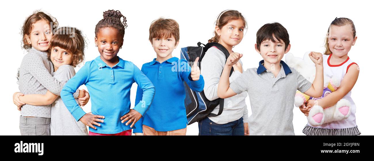 Bambini felici e fiduciosi come amicizia e concetto di ritorno a scuola Foto Stock