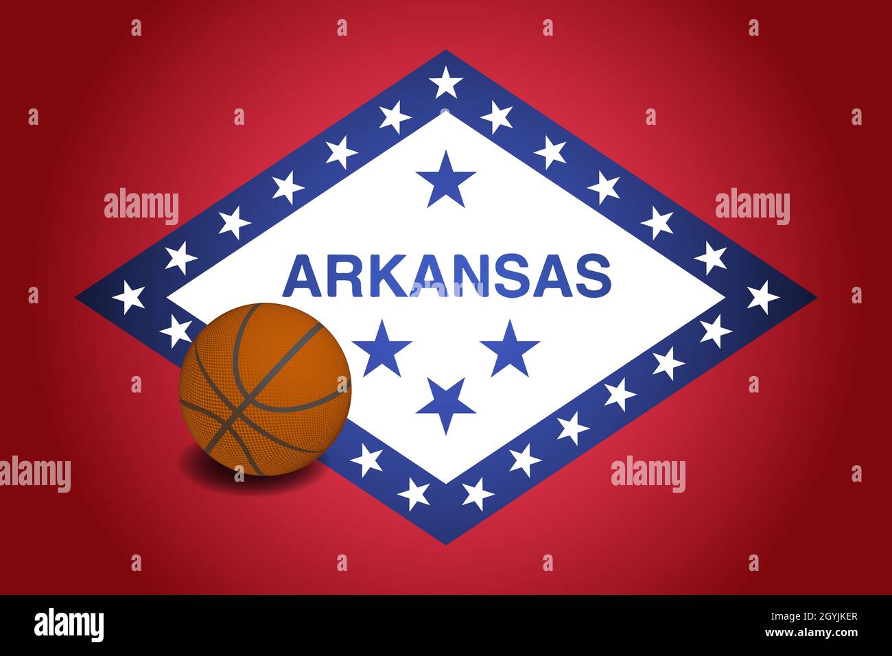 Bandiera dell'Arkansas con pallone da basket realistico, vettore Illustrazione Vettoriale