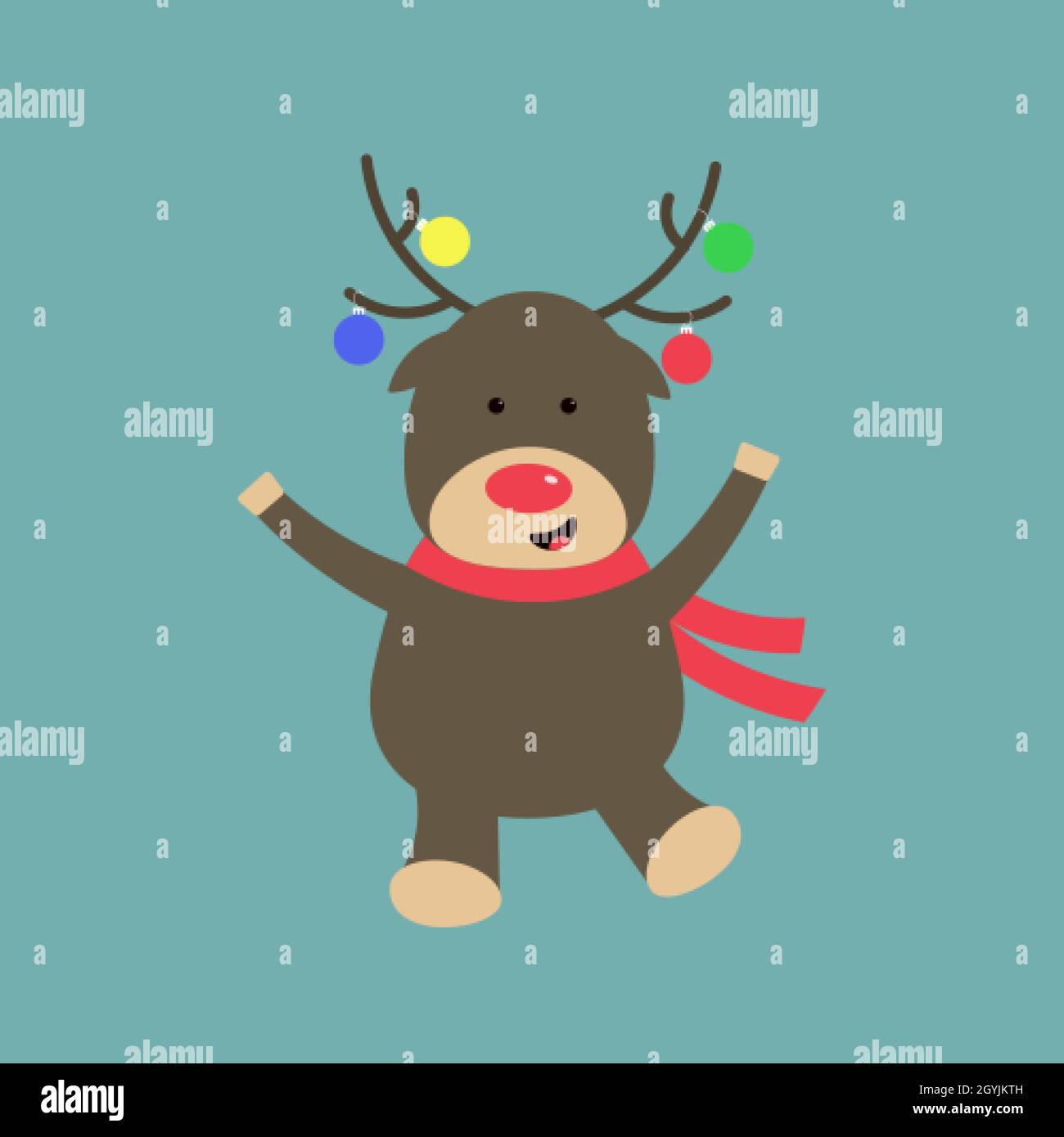 Carino cervo cartoon con palle di Natale su corna Illustrazione Vettoriale