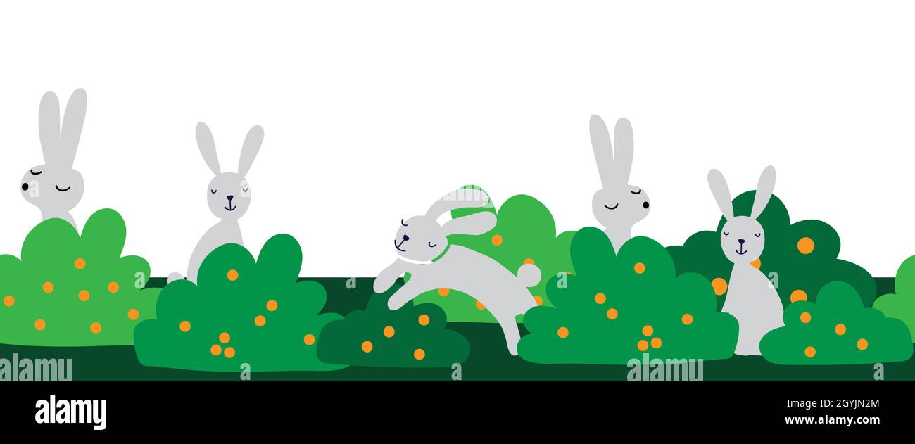 Contorno conigliato senza cuciture carino illustrazione vettoriale. Ripetizione del modello con conigli che si nascondono tra cespugli. Cartoon bambini banner per arredamento bambini Illustrazione Vettoriale