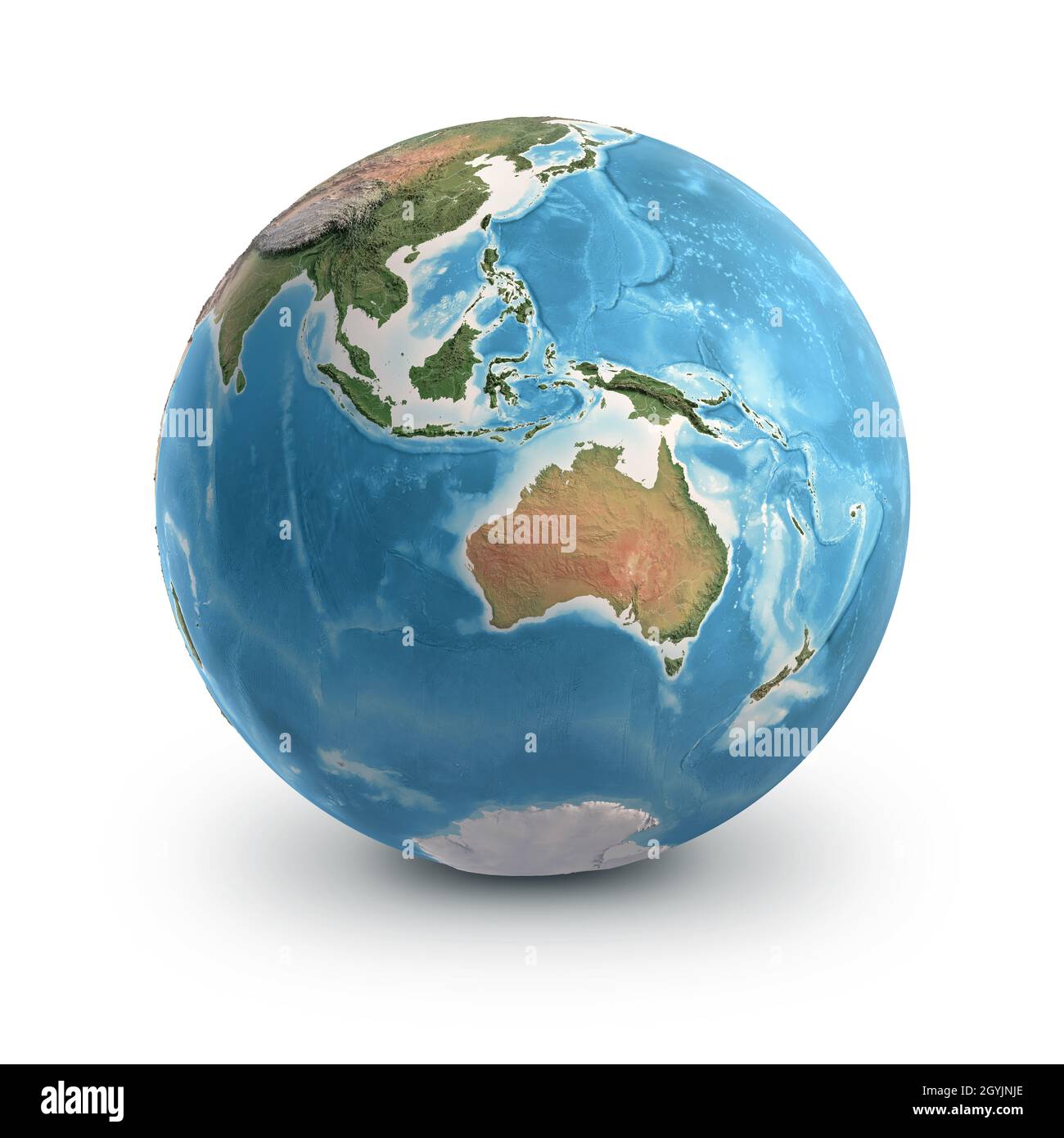 Pianeta Terra globo, isolato su bianco. Geografia del mondo dallo spazio, focalizzato su Australia e Sud-Est asiatico. Elementi forniti dalla NASA Foto Stock