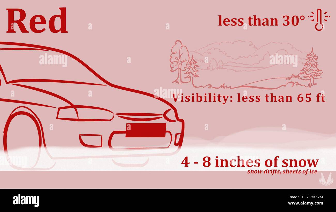 Il rosso delle condizioni stradali presso la base aerea di Ramstein rappresenta condizioni stradali molto pericolose ed è spesso accompagnato da un rilascio anticipato o da segnalazioni ritardate. Durante le condizioni meteorologiche avverse, alcune delle condizioni che possono richiedere il passaggio al rosso sono temperature inferiori a 30 gradi Fahrenheit, da quattro a otto pollici di neve, nevicate, fogli di ghiaccio e visibilità ridotta di meno di 65 piedi. (STATI UNITI Air Force grafica di staff Sgt. Kirsten Brandes) Foto Stock