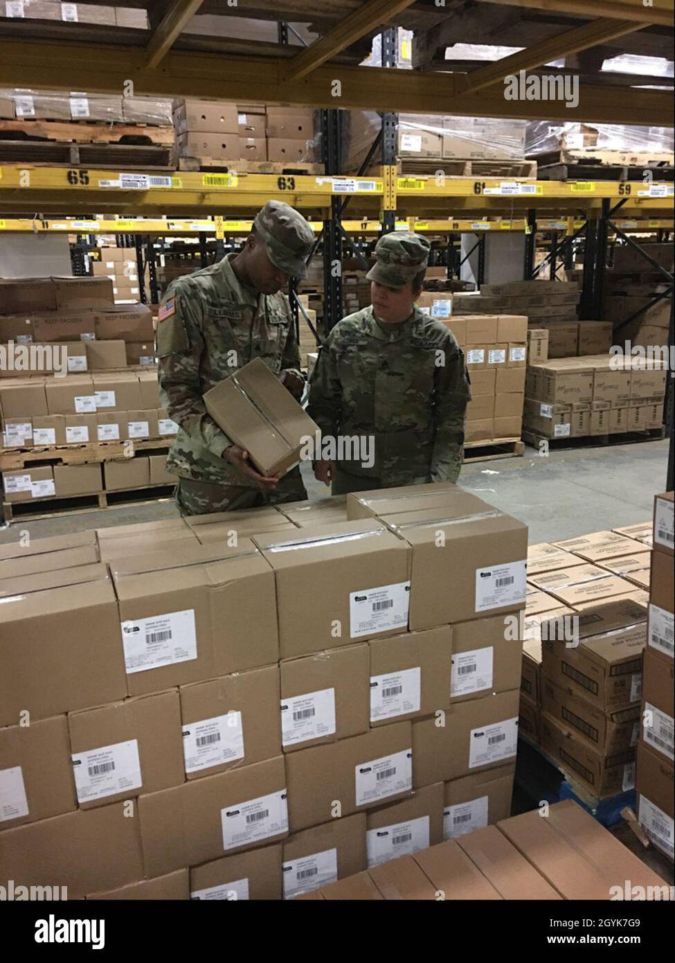 SGT. Dominique Williams e lo staff Sgt. Abigail Lopez (da sinistra a destra), ispettori alimentari presso la filiale veterinaria Kaiserslautern, ispezione del trasporto per danni. Foto Stock