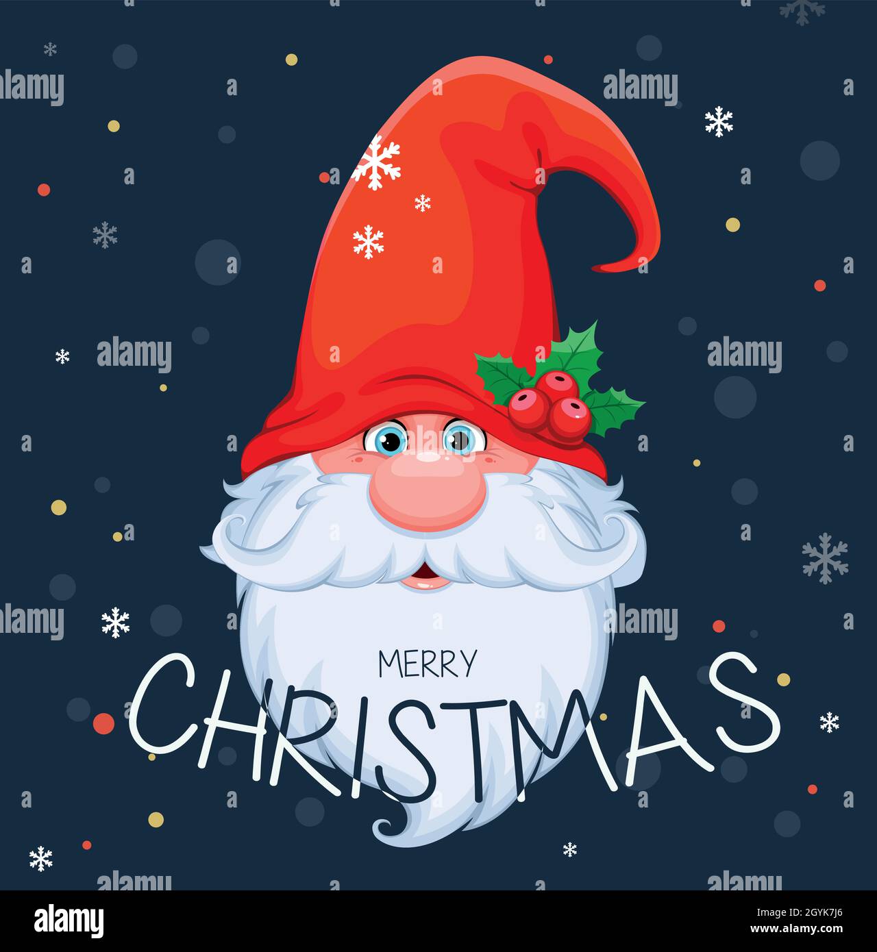 Buon Natale e felice anno nuovo biglietto di auguri con divertente gnome. Nana carina nel personaggio cartoon rosso cappello. Illustrazione del vettore di scorta Illustrazione Vettoriale