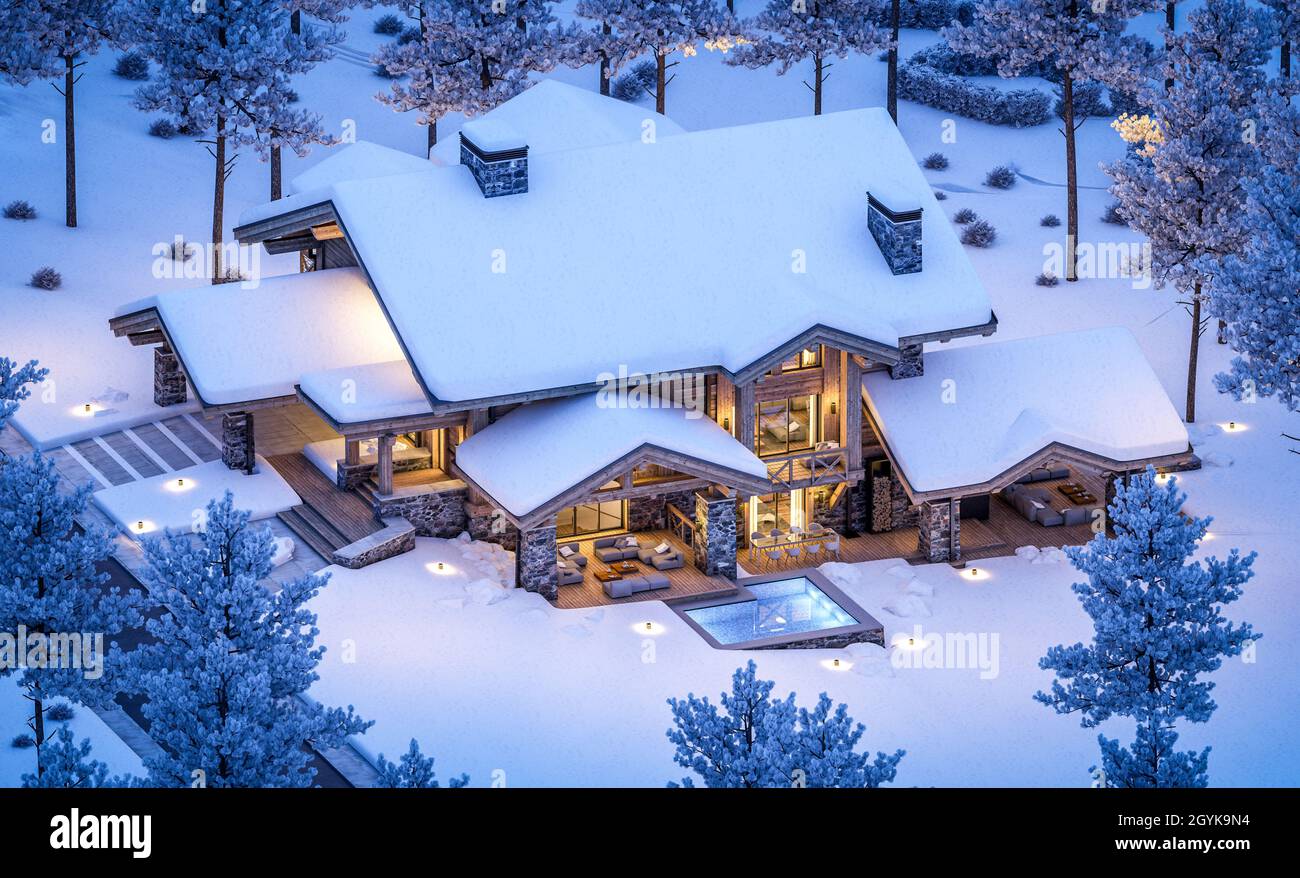 3d rendering di chalet moderno e accogliente con piscina e parcheggio in vendita o in affitto. Splendide montagne forestali sullo sfondo. Colonne con travi in legno massiccio. COO Foto Stock