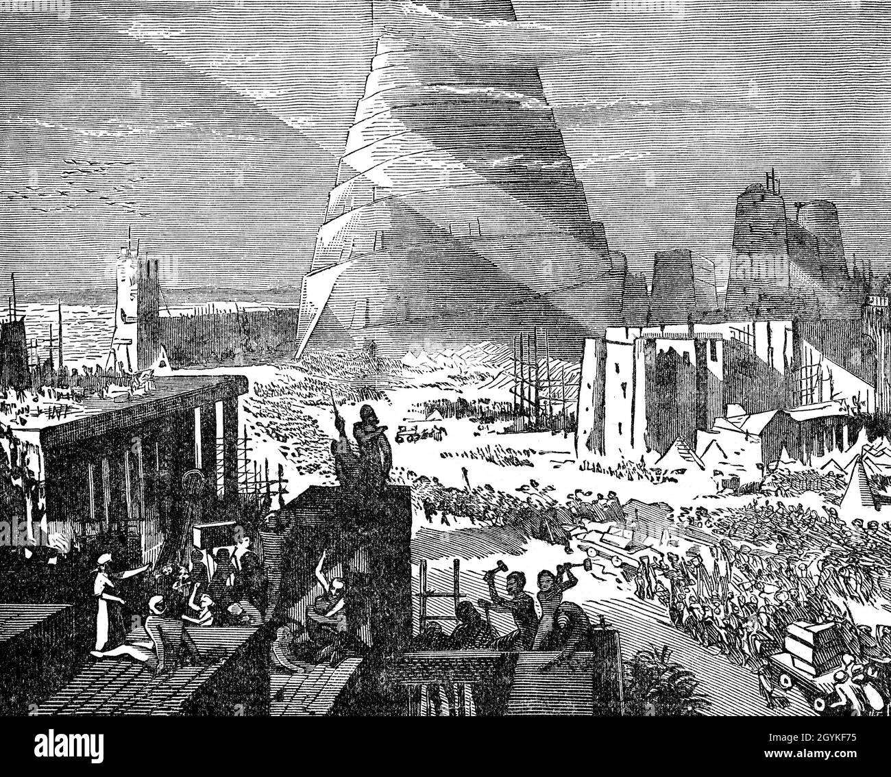 Un'illustrazione del tardo 19 ° secolo dal Libro di Genesi della costruzione della Torre di Babele in Mesopotamia antica sulla riva orientale del fiume Eufrate. La storia della Bibbia coinvolge il popolo di Babele che tenta di costruire una torre che raggiungerà il cielo, ma Dio venne a vedere la torre che stavano costruendo e nella sua infinita saggezza, sapeva che questa 'via verso il cielo' avrebbe solo portato il popolo lontano da Dio. Lo scopo del popolo non era glorificare Dio e innalzare il suo nome, ma costruire un nome per se stessi. Foto Stock