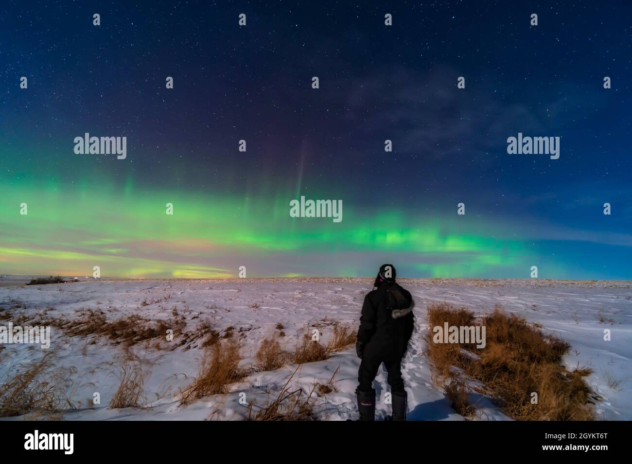 Un selfie aurora da casa nel sud dell'Alberta il 19 febbraio 2021. L'indice Kp è stato fino a 4 questa notte e ha prodotto spettacoli superbi dal latit settentrionale Foto Stock