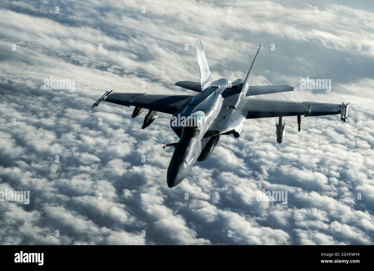 A U.S. Navy F/A-18E Super Hornet vola sull'Afghanistan, 23 gennaio 2020. Il F/A-18E è il principale velivolo di colpo e di superiorità aerea della Marina che fornisce la proiezione di forza, l'interdizione e il supporto dell'aria stretta e profonda. (STATI UNITI Air Force foto di staff Sgt. Matthew Lotz) Foto Stock