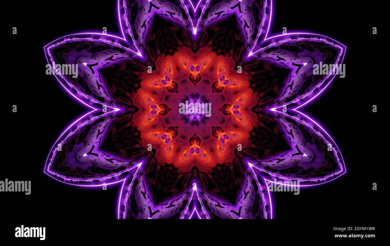 rendering in 3d di un pattern caleidoscopico colorato simile a un fiore su sfondo nero Foto Stock