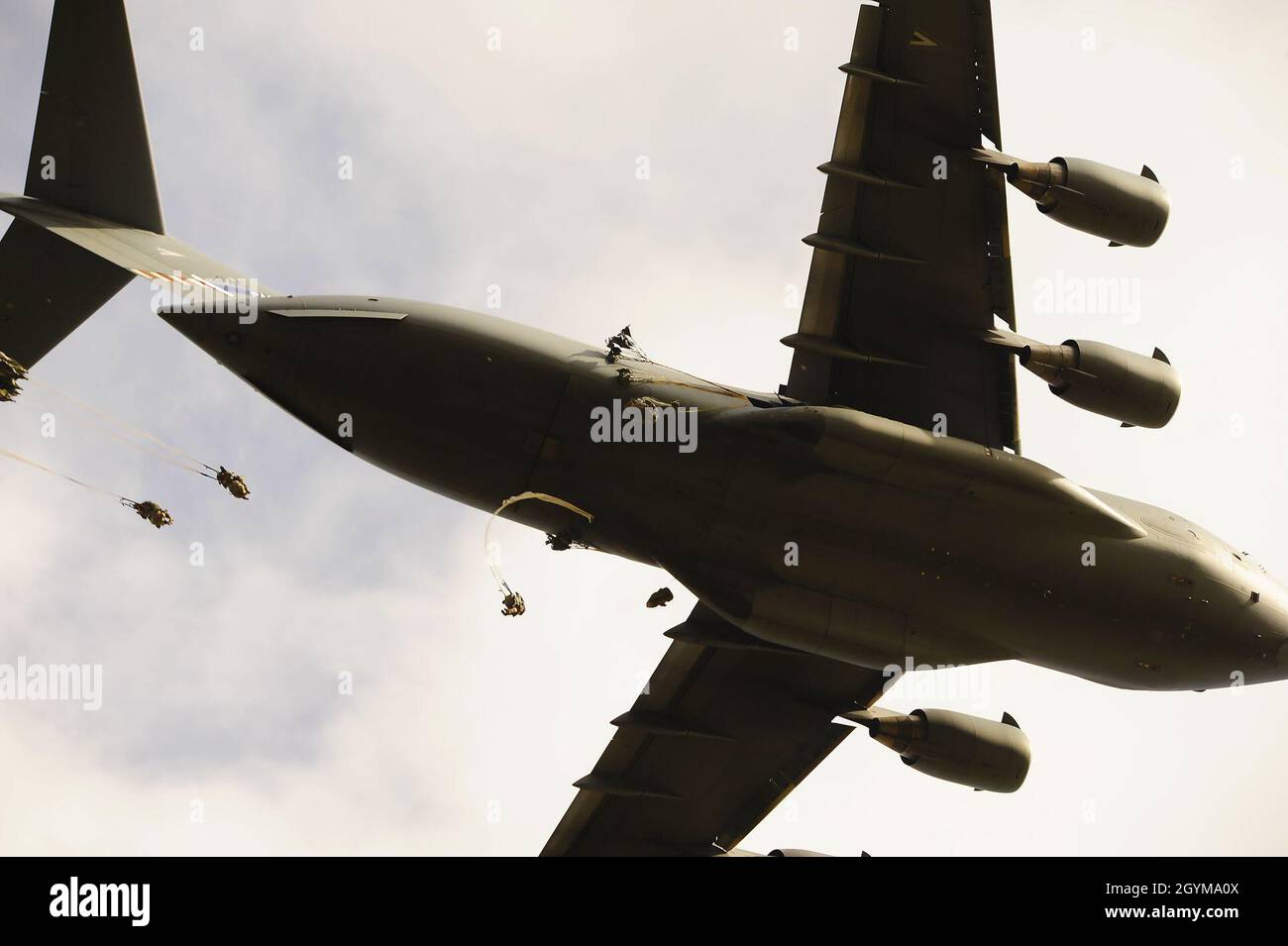 Paracadutisti statunitensi da HHC, 2nd Battaglione, 503rd Reggimento di fanteria, 173rd Brigata Airborne e paracadutisti italiani Reggimento Savoia Cavalleria 3, salto da un aereo dell'aviazione militare statunitense C17 durante L'Esercizio Rock Topside 20, Monte Romano, Italia, 29 gennaio 2020. Rock Topside è un'esercitazione congiunta di entrata forzata per addestrare la capacità del battaglione di condurre le operazioni della forza di risposta di emergenza aerea. Questa formazione sottolinea l'interoperabilità sia dei paracadutisti del battaglione 2nd, del Reggimento di fanteria 503rd e dei paracadutisti italiani del Reggimento Savoia Cavalleria 3. (Foto dell'esercito degli Stati Uniti di Elena Foto Stock