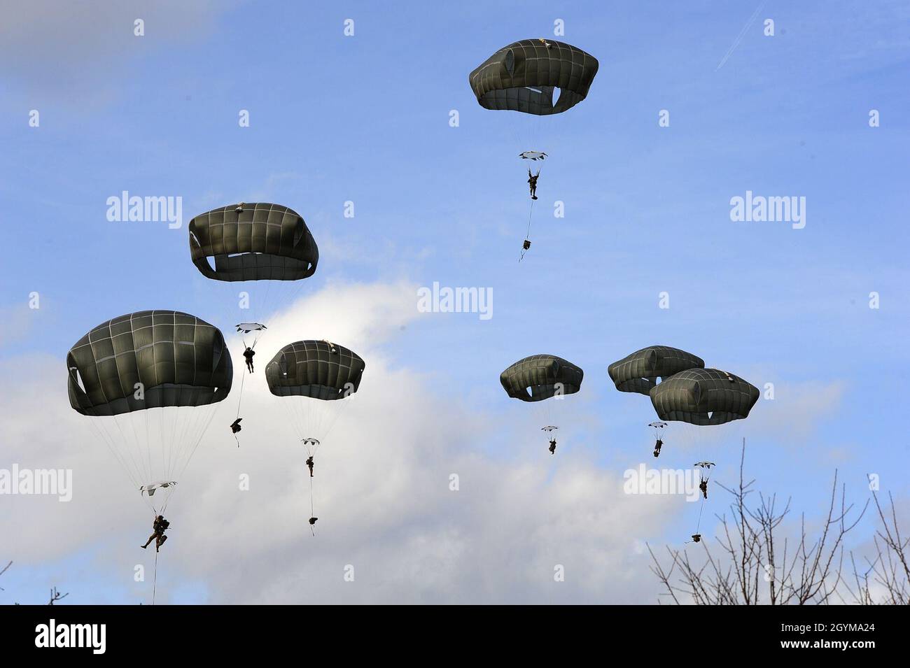 Paracadutisti statunitensi da HHC, 2nd Battaglione, 503rd Reggimento di fanteria, 173rd Brigata Airborne e paracadutisti italiani dal Reggimento Savoia Cavalleria 3, conducono un'operazione combinata aerea durante L'Esercizio Rock Topside 20, Monte Romano, Italia, 29 gennaio 2020. Rock Topside è un'esercitazione congiunta di entrata forzata per addestrare la capacità del battaglione di condurre le operazioni della forza di risposta di emergenza aerea. Questa formazione sottolinea l'interoperabilità sia dei paracadutisti del battaglione 2nd, del Reggimento di fanteria 503rd e dei paracadutisti italiani del Reggimento Savoia Cavalleria 3. (Foto dell'esercito degli Stati Uniti di Elena B. Foto Stock