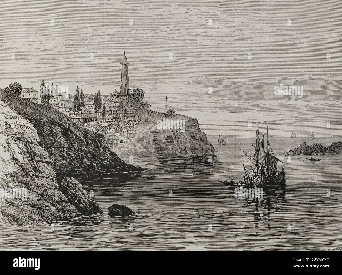 Storia della Turchia. Faro del Bosforo all'ingresso del Mar Nero, sulla costa europea. Incisione. La Ilustración Española y americana, 1878. Foto Stock