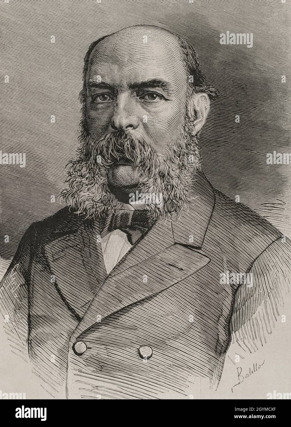 José Amador de los Ríos y Serrano (Baena, 1818-Siviglia, 1878). Critico letterario spagnolo, poeta e storico. Professore di letteratura spagnola presso l'Università di Madrid. Illustrazione di Badillo. Incisione di Capuz. La Ilustración Española y americana, 1878. Foto Stock