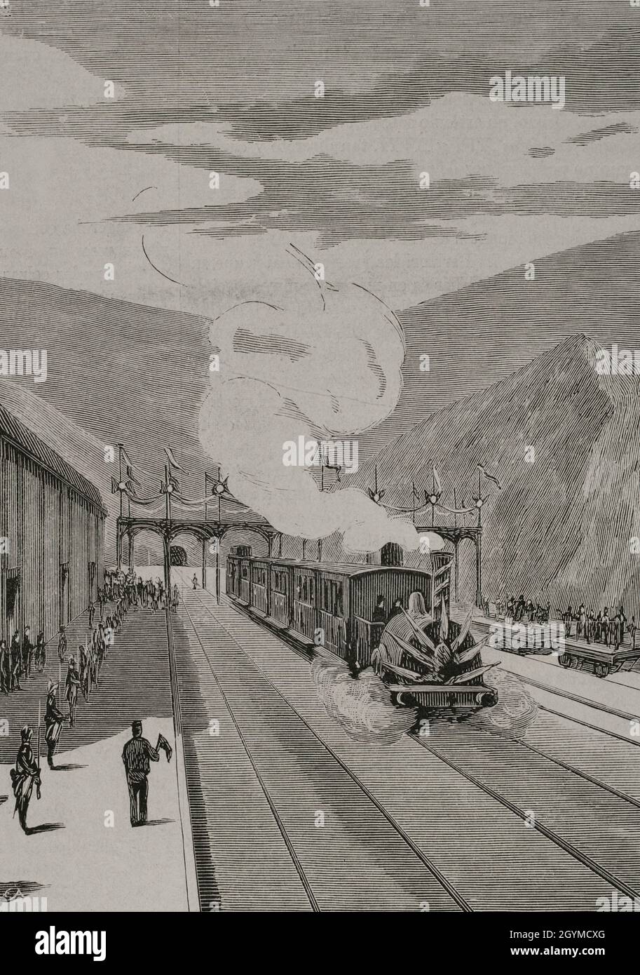 Storia dei trasporti, 19 ° secolo. Inaugurazione della Ferrovia della Francia a Gerona, il 20 gennaio 1878. Questa sezione collegava la linea generale della Catalogna con la linea francese di Perpignan. Arrivo del treno con la commissione spagnola alla stazione di Port-Bou. Incisione. La Ilustración Española y americana, 1878. Foto Stock