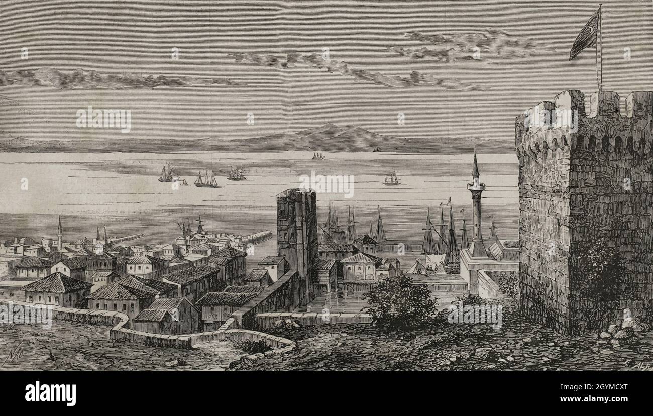 Storia della Turchia, 19 ° secolo. Gallipoli. Fortezza e porto sullo stretto di Dardanelli. Illustrazione di Nao Engraving di Enrique Alba. La Ilustración Española y americana, 1878. Foto Stock