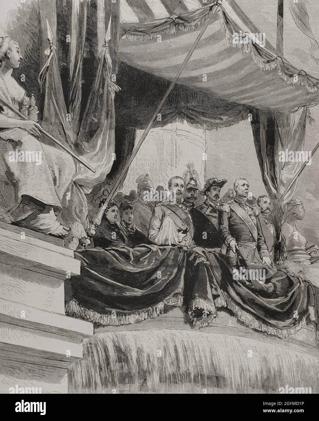 Storia della Francia. Esposizione universale di Parigi del 1878. Apertura dell'esposizione di Parigi il 1° maggio 1878. Il Maresciallo Patrice de Mac Mahon dichiara inaugurata la manifestazione, dalla tribuna del Palazzo del Trocadero. L'Expo è stata aperta al pubblico dal 20 maggio al 10 novembre 1878. Incisione. La Ilustración Española y americana, 1878. Foto Stock